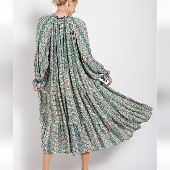 New! Easel Paisley Mint Green Printed Long Sleeve Gauze Maxi Dress - Picture 6 of 7